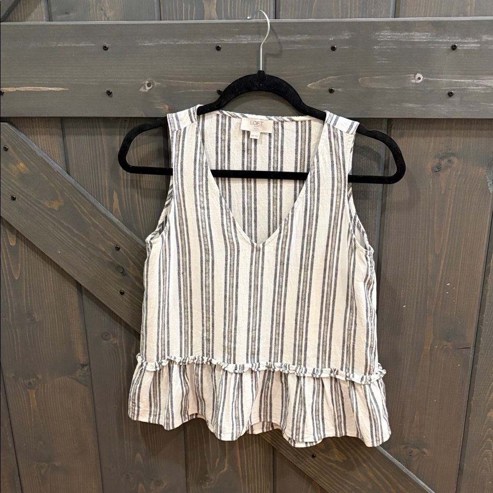 LOFT V-Neck Striped Tank Top - Cream and Gray